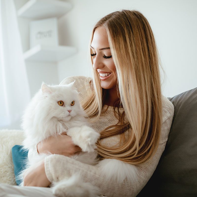 Young Woman Holding Her White Cat